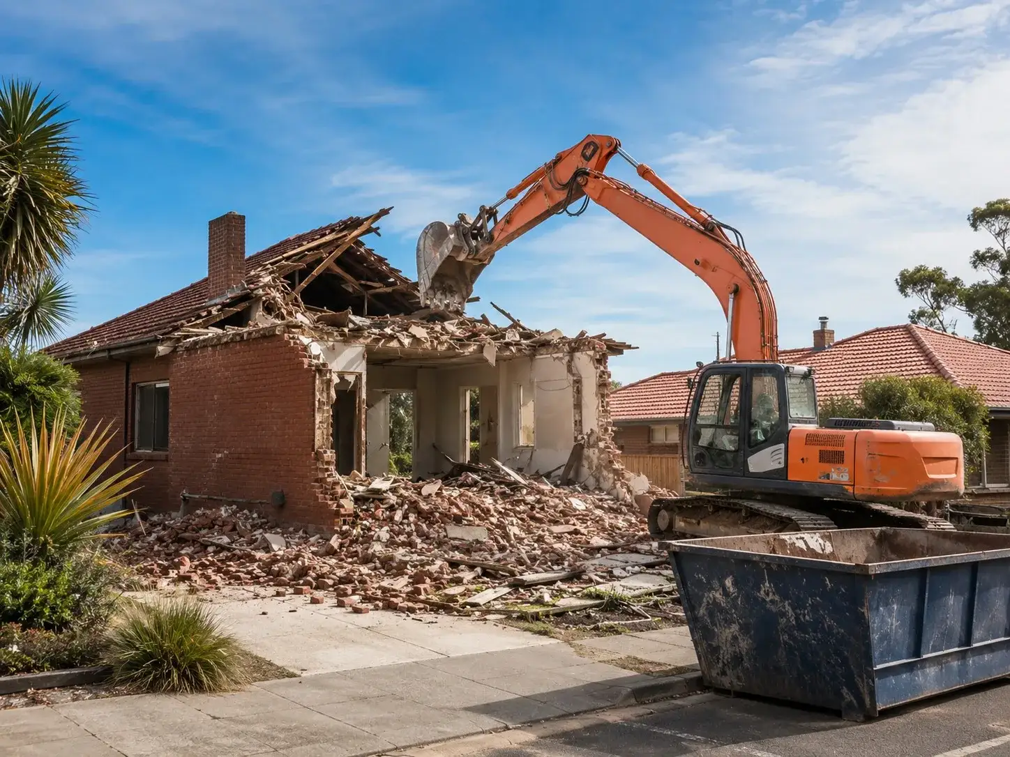 Excavator demolishing a residential house in Adelaide